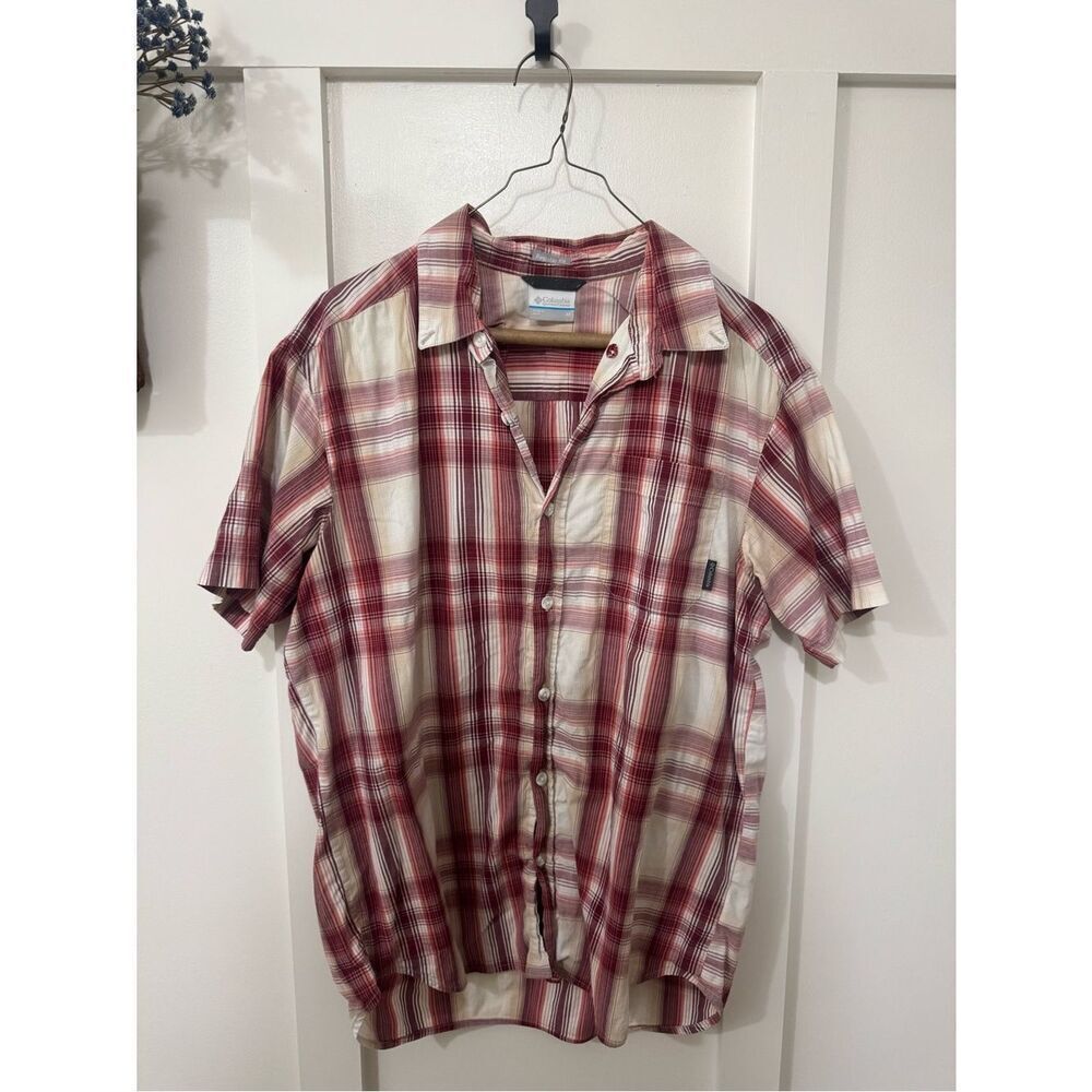 Columbia Short Sleeve Plaid Button-Up Shirt - Red & Cream